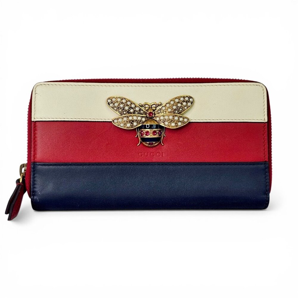 GUCCI Bee Leather Calfskin Queen Margaret Flap Wallet Blue Red White Rhinestone